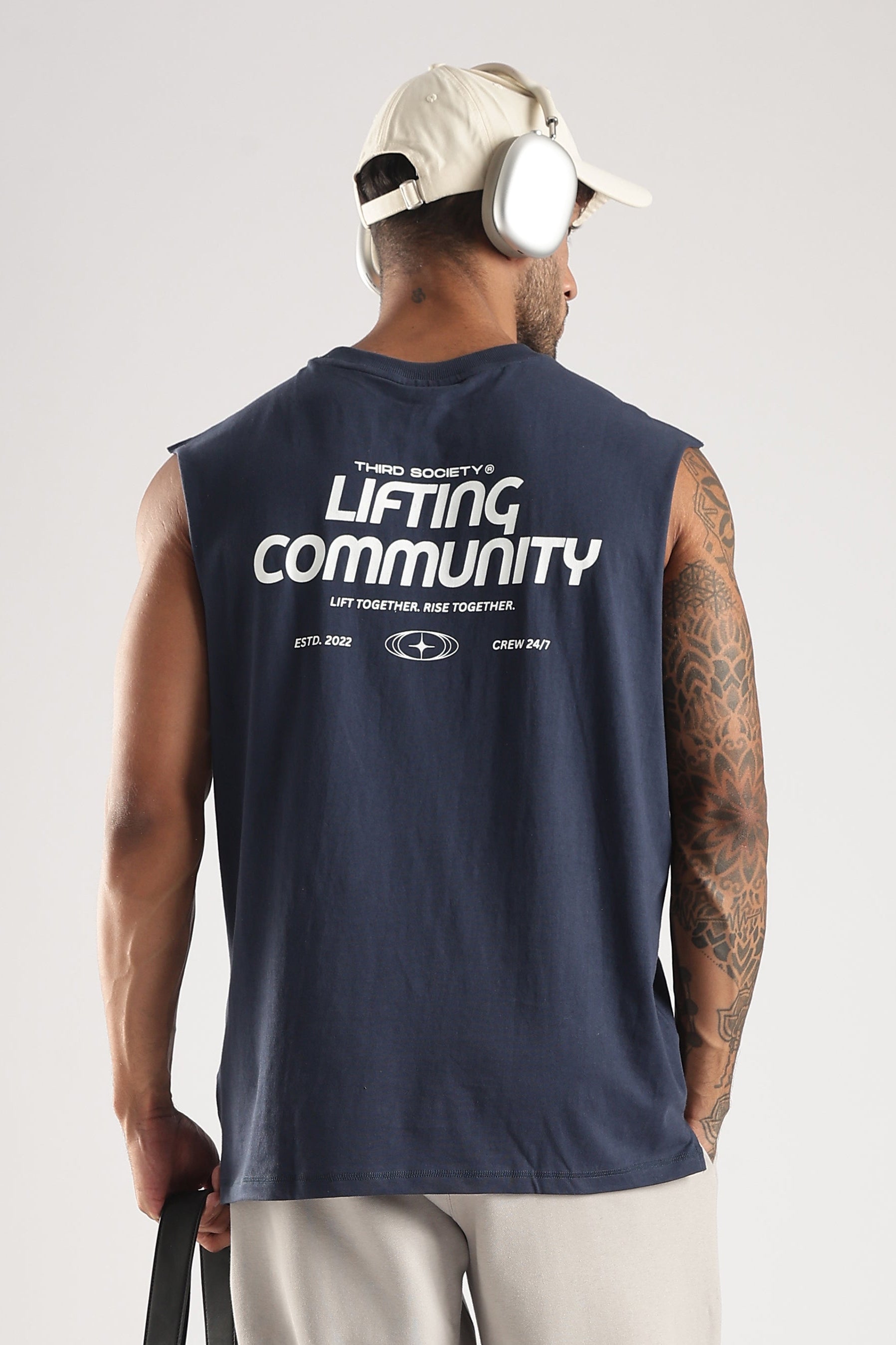 Iron Blue men's weightlifting tank top with Lifting Community back graphic