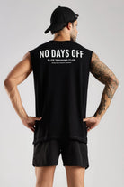 Close-up of black tank top showing the No Days Off Elite Training Club back graphic