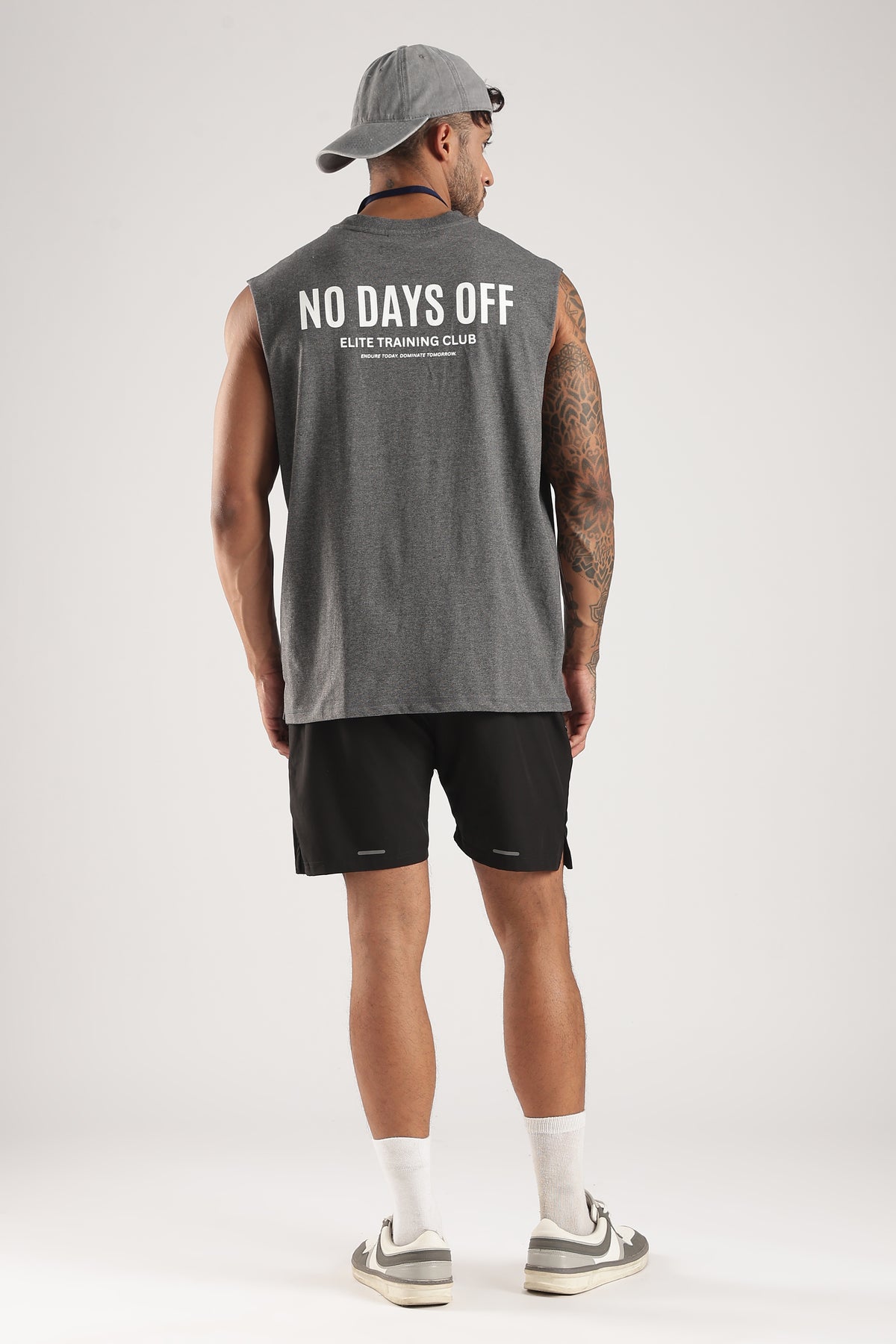 Model wearing the Grey Marl No Days Off Tank with white back lettering