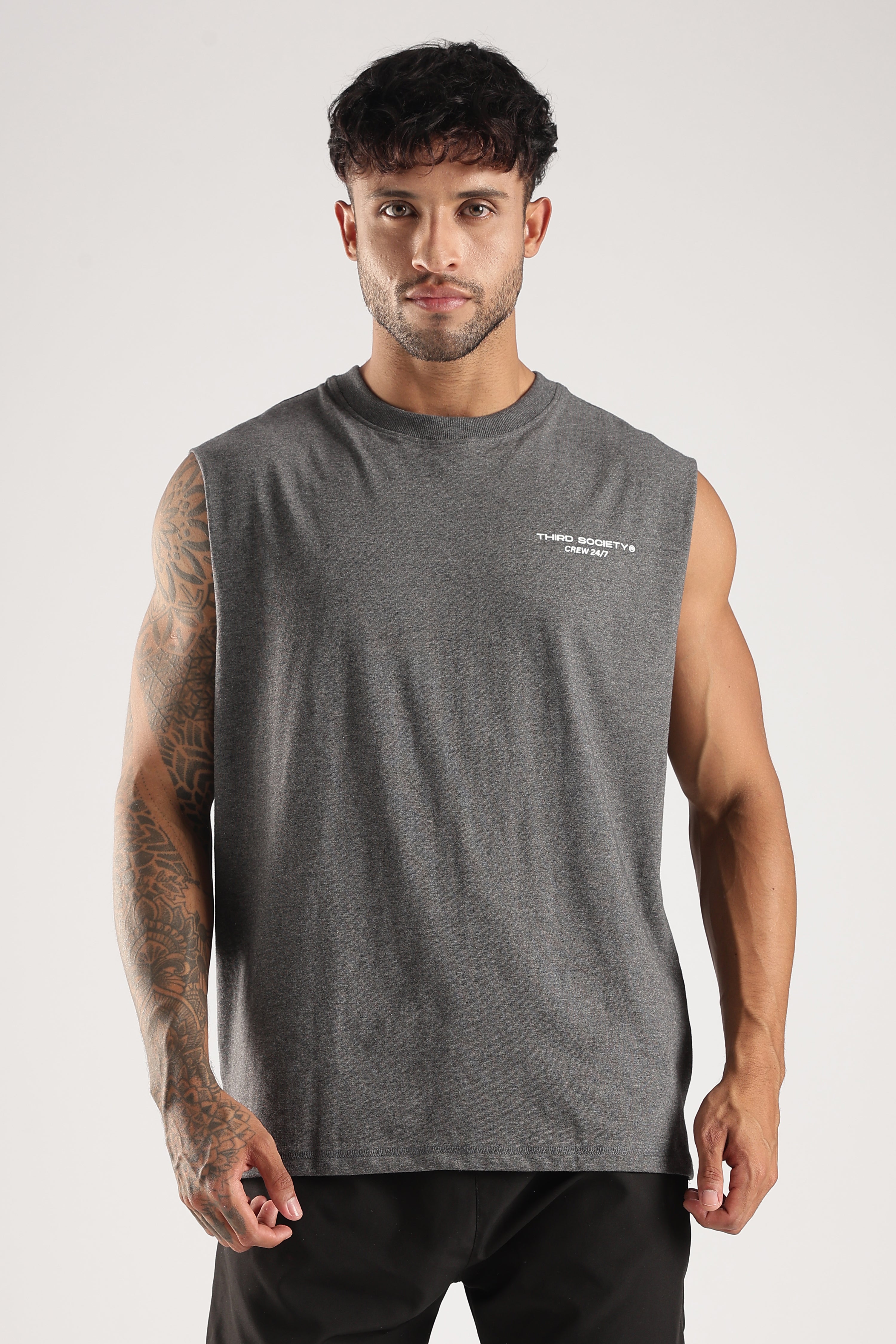 Front view of the Grey Marl tank with a small white chest logo