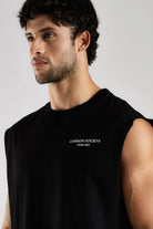 Black men's tank top with Carbon Society chest graphic
