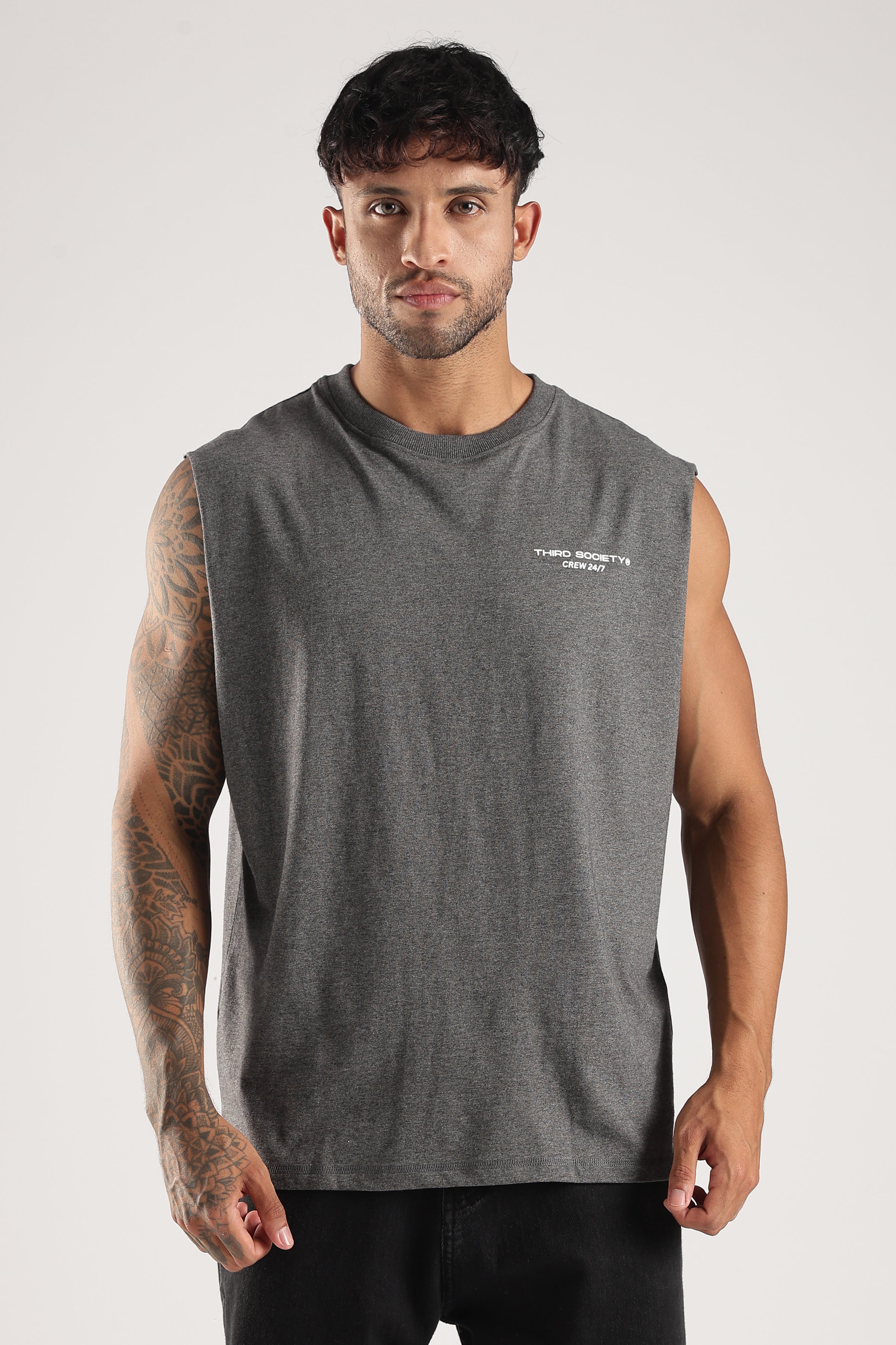 Front view of the Grey Marl Obsessed Tank showing the oversized fit and chest branding
