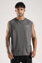 Front view of the Grey Marl Obsessed Tank showing the oversized fit and chest branding