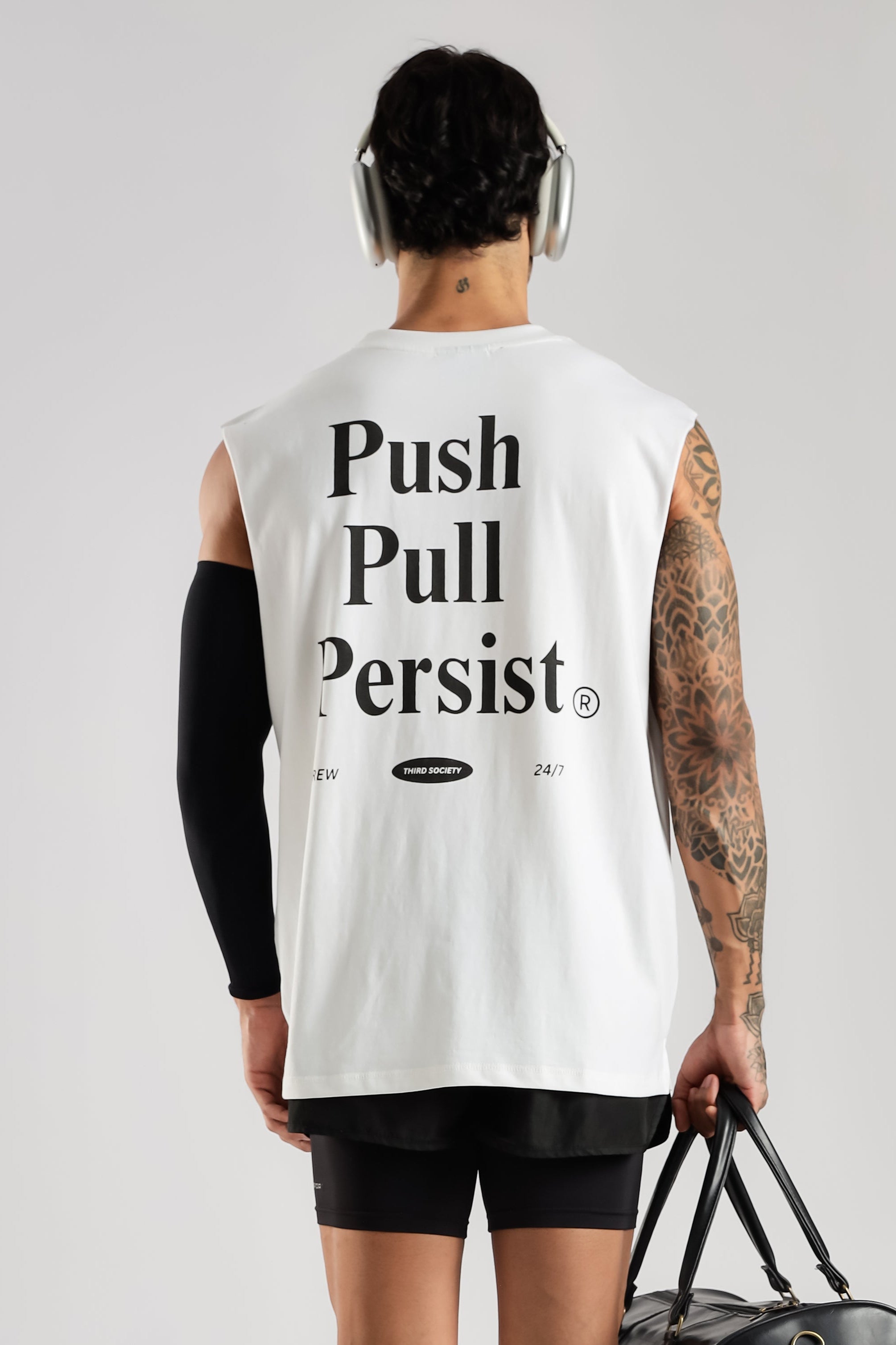 Back view of the white Push Pull Tank showing the Push Pull Persist graphic
