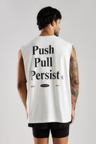 Back view of the white Push Pull Tank showing the large Persist graphic