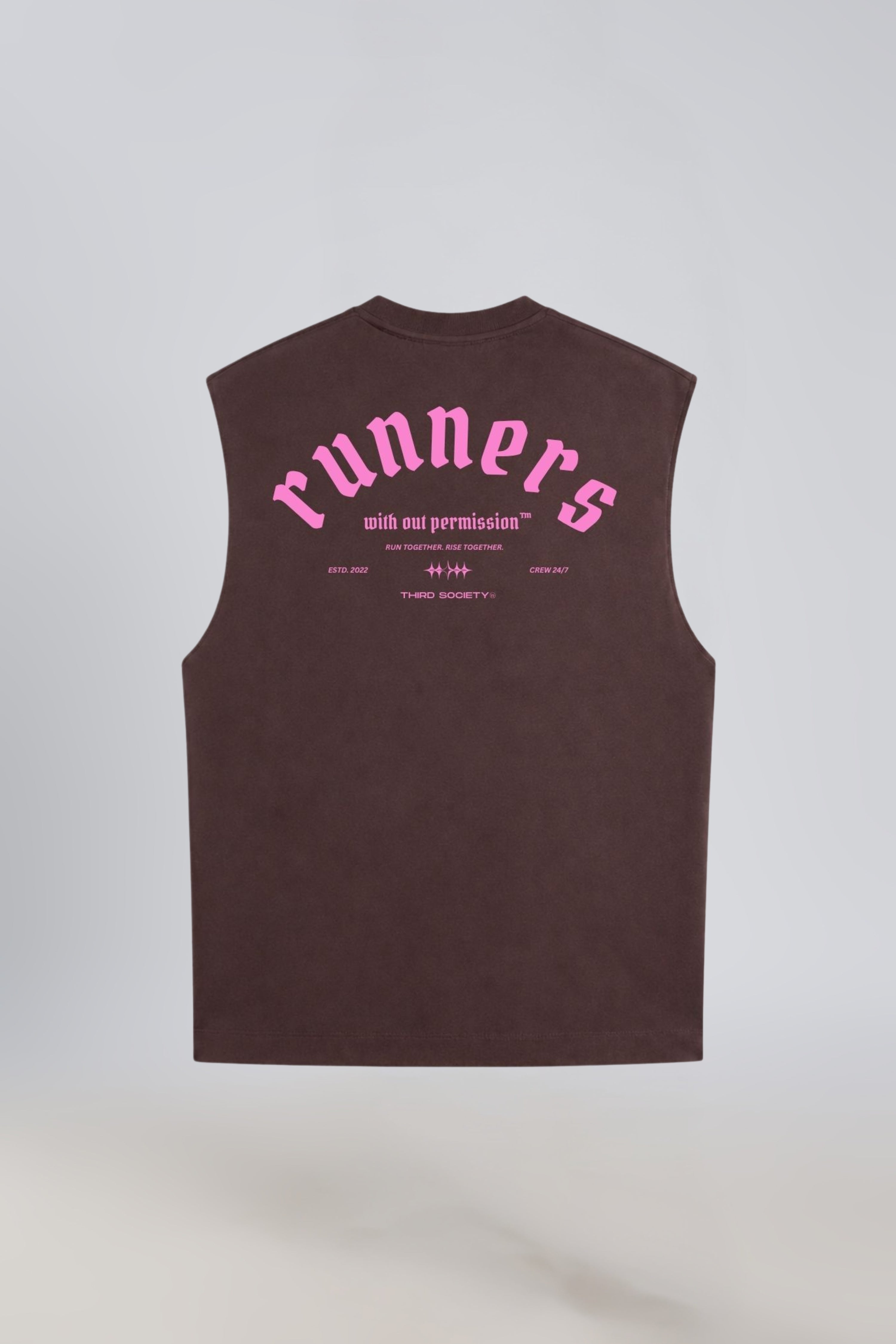 Burnt Umber Pink men's cotton tank top with Runners Without Permission back graphic