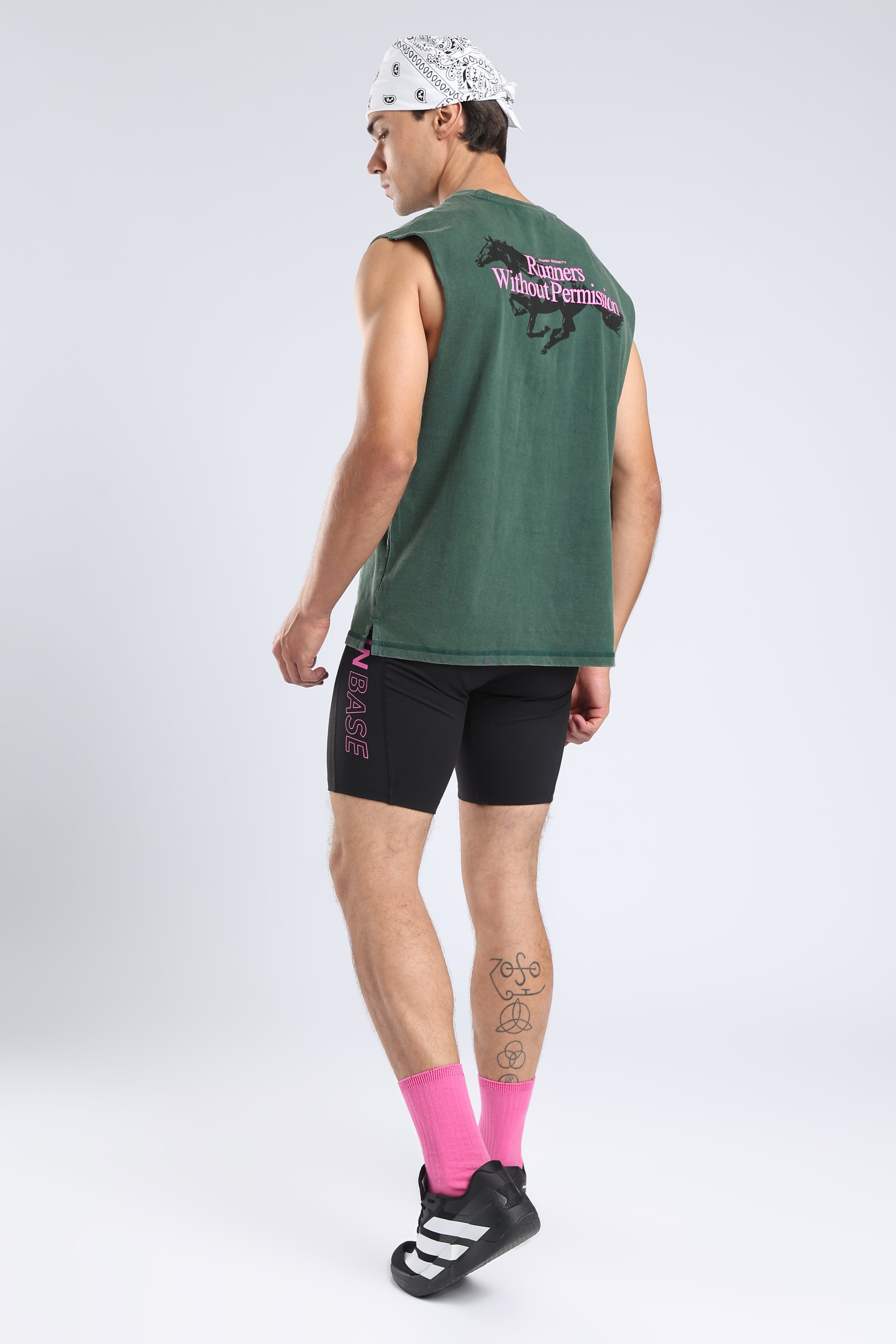 Rear view of the Forest Moss tank showing the running horse graphic and relaxed fit