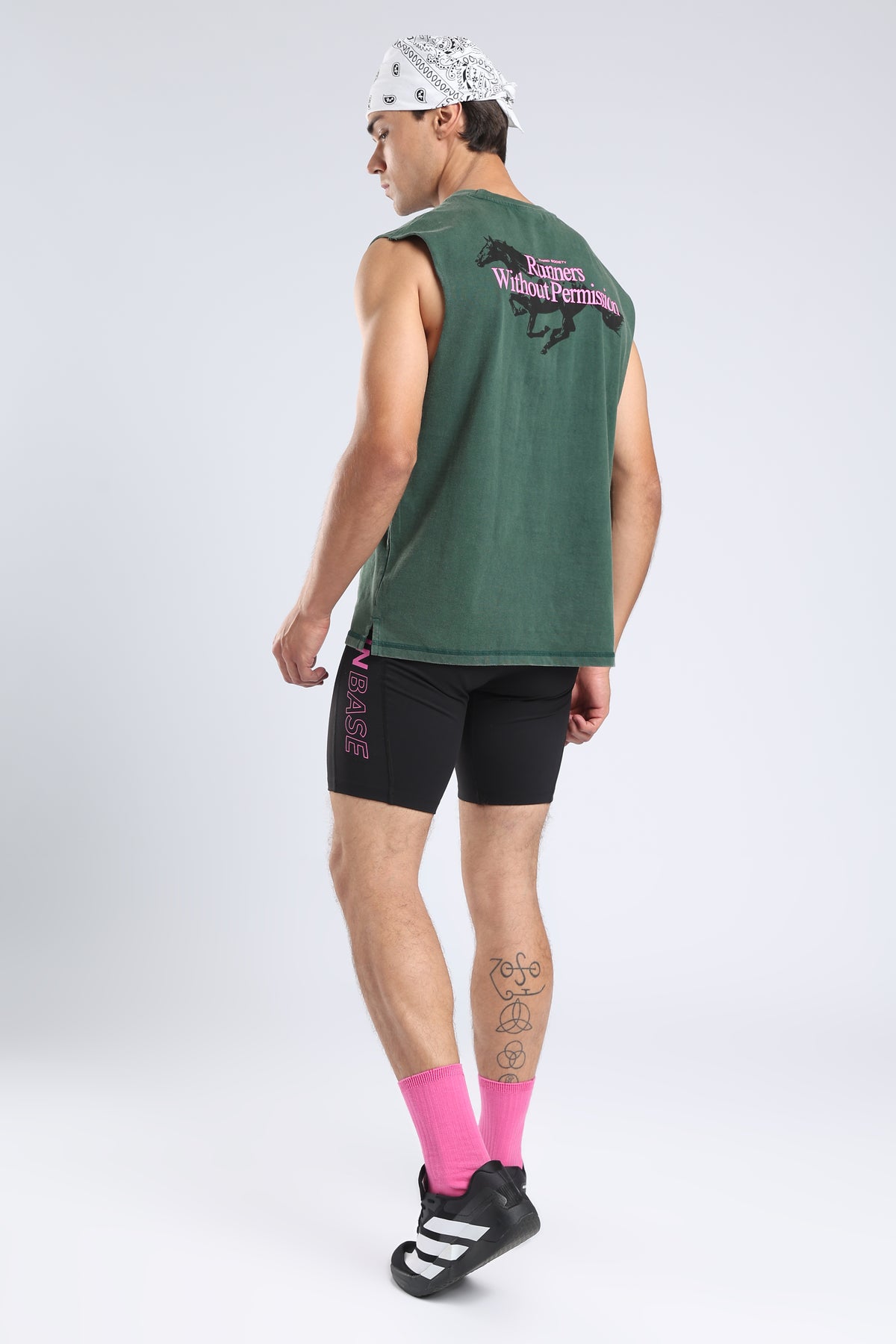 Rear view of the Forest Moss tank showing the running horse graphic and relaxed fit