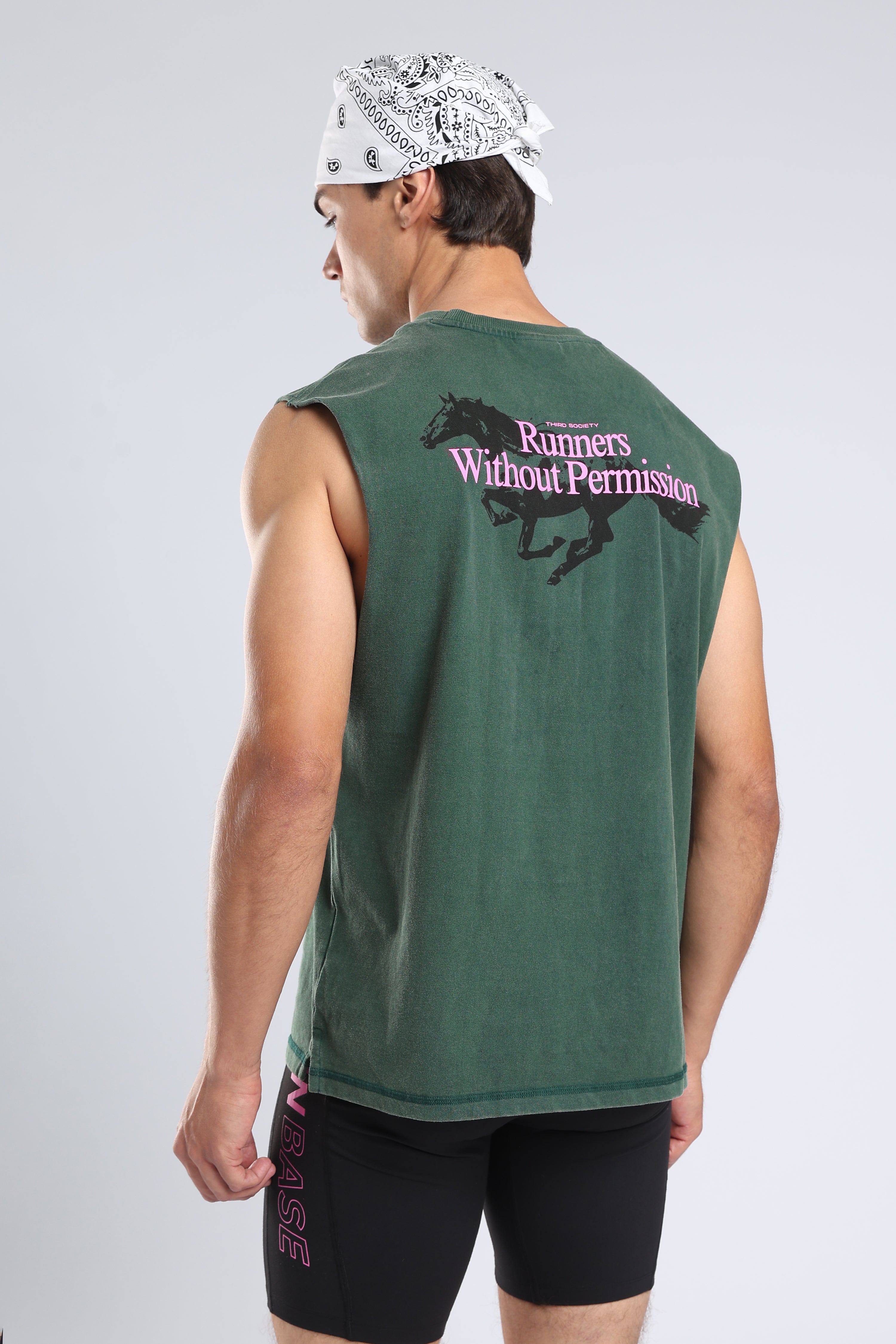 Back of the Forest Moss tank featuring the pink Runners Without Permission text and black running horse graphic