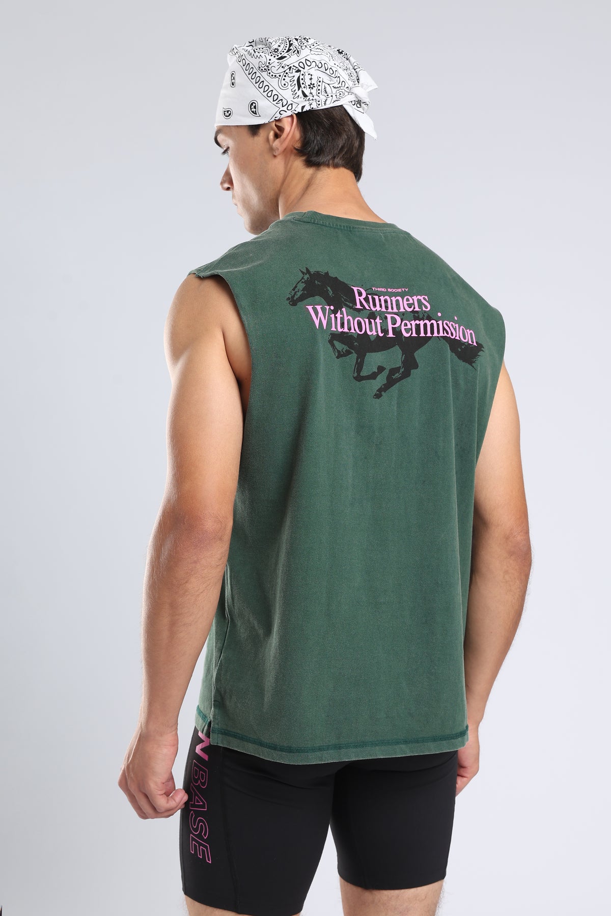 Back of the Forest Moss tank featuring the pink Runners Without Permission text and black running horse graphic