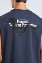 Close-up of the running horse and Runners Without Permission graphic on the Iron Blue tank