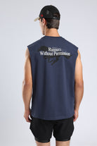Back view of the Iron Blue tank featuring the Runners Without Permission graphic