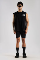 Black men's running tank top, front view, miles over hype graphic