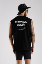 Running Club black tank top showing the oversized fit and back graphic