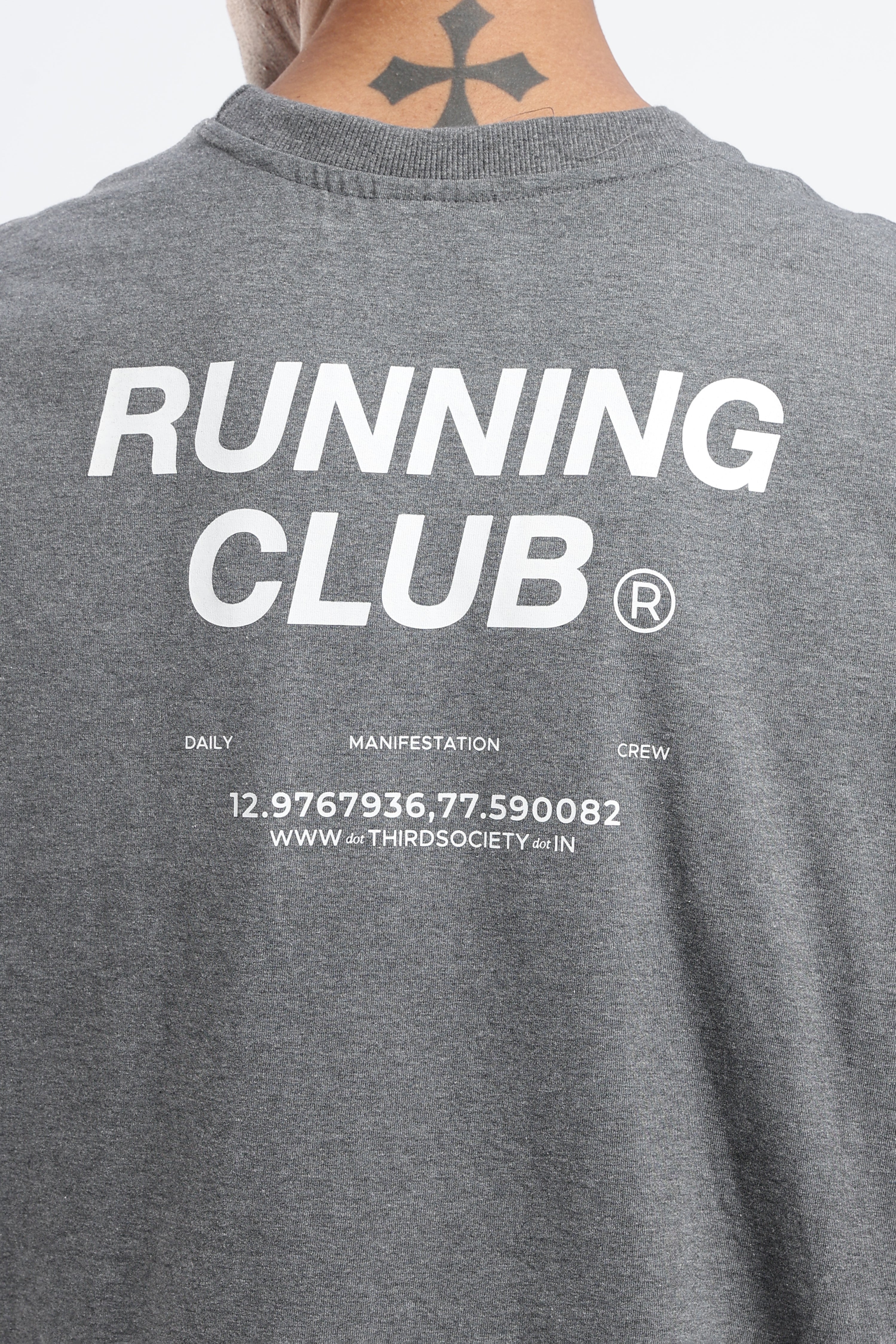 Close-up of the Running Club graphic printed on the back of the Grey Marl tank top