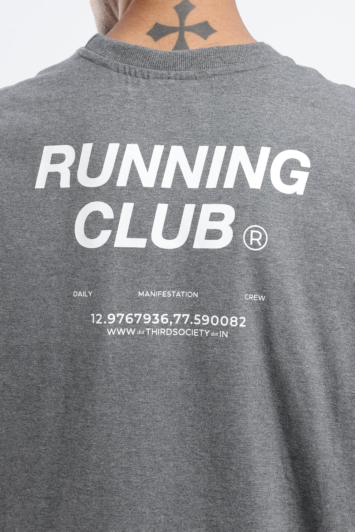 Close-up of the Running Club graphic printed on the back of the Grey Marl tank top