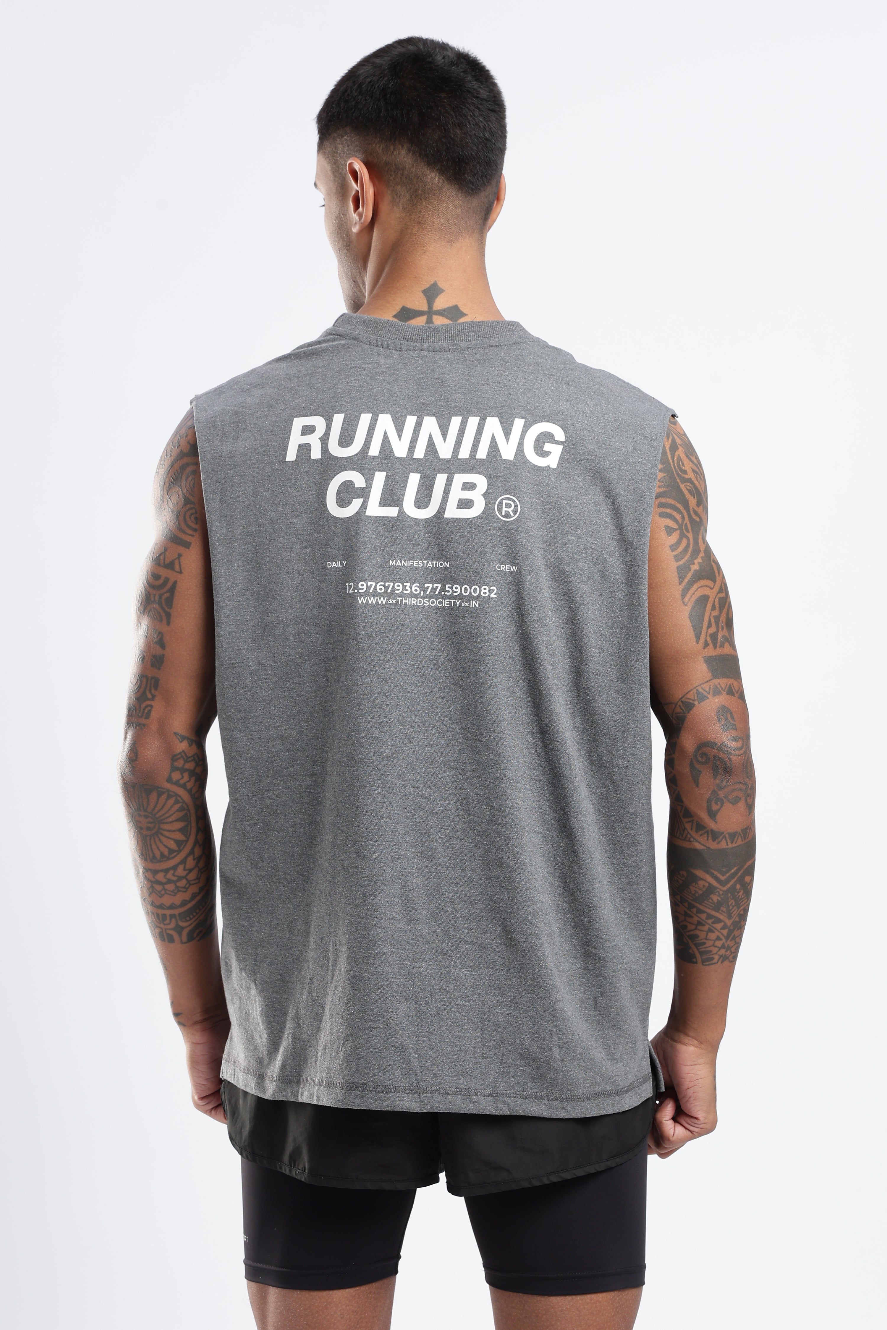Grey Marl Running Club tank top shown from the back with a large Running Club graphic
