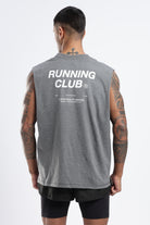 Grey Marl Running Club tank top shown from the back with a large Running Club graphic