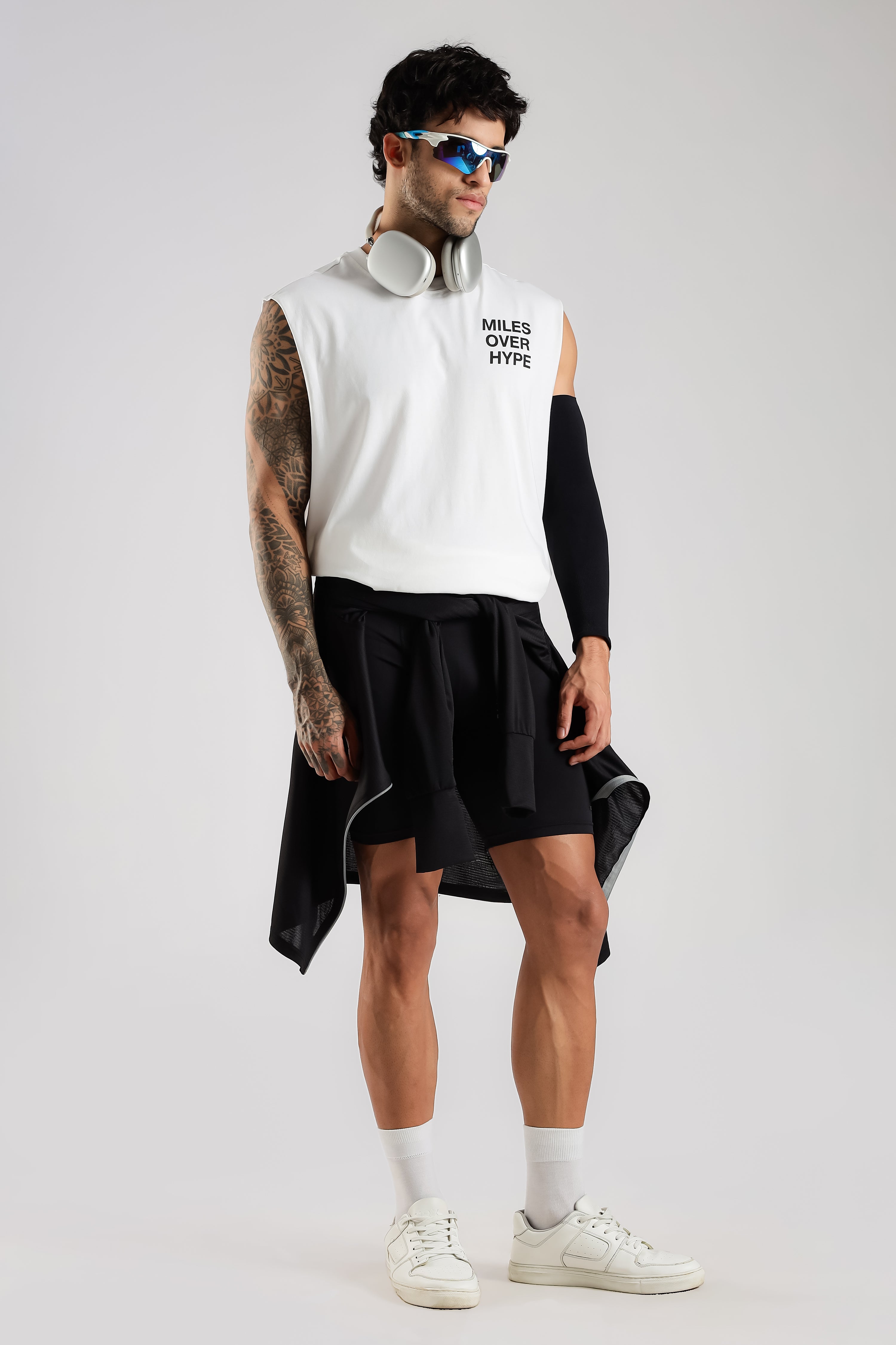White Running Club tank top with Miles Over Hype chest graphic