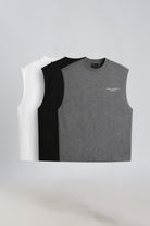 Three Third Society tank tops in Grey Marl, Black and White displayed together