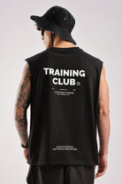 Black men's gym tank top with Training Club back graphic