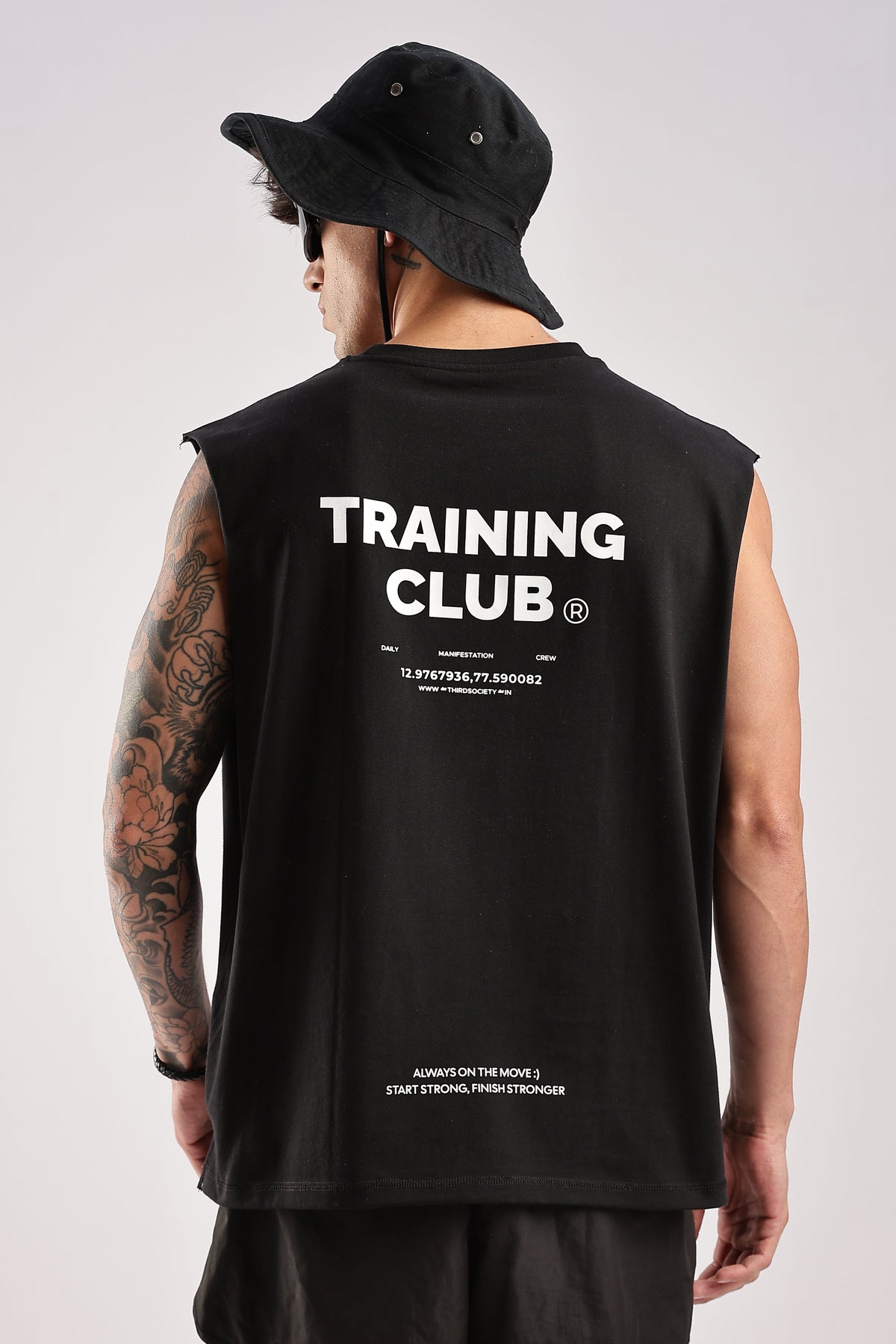 Black men's gym tank top with Training Club back graphic