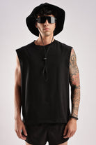 Black men's gym tank top, front view