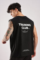 Training Club black tank top showing the back graphic and relaxed fit