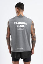 Model wearing the Grey Marl Training Club tank top showing the large back graphic