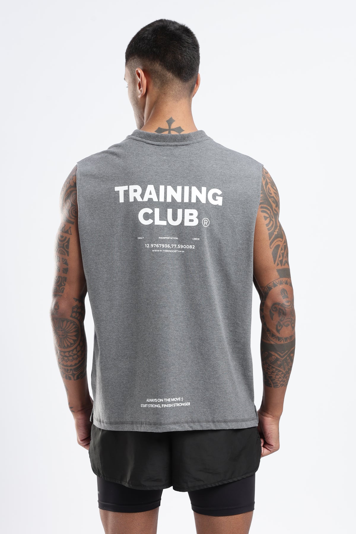 Model wearing the Grey Marl Training Club tank top showing the large back graphic