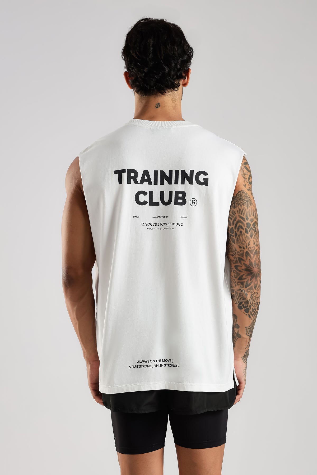 White Training Club tank top showing the large back graphic