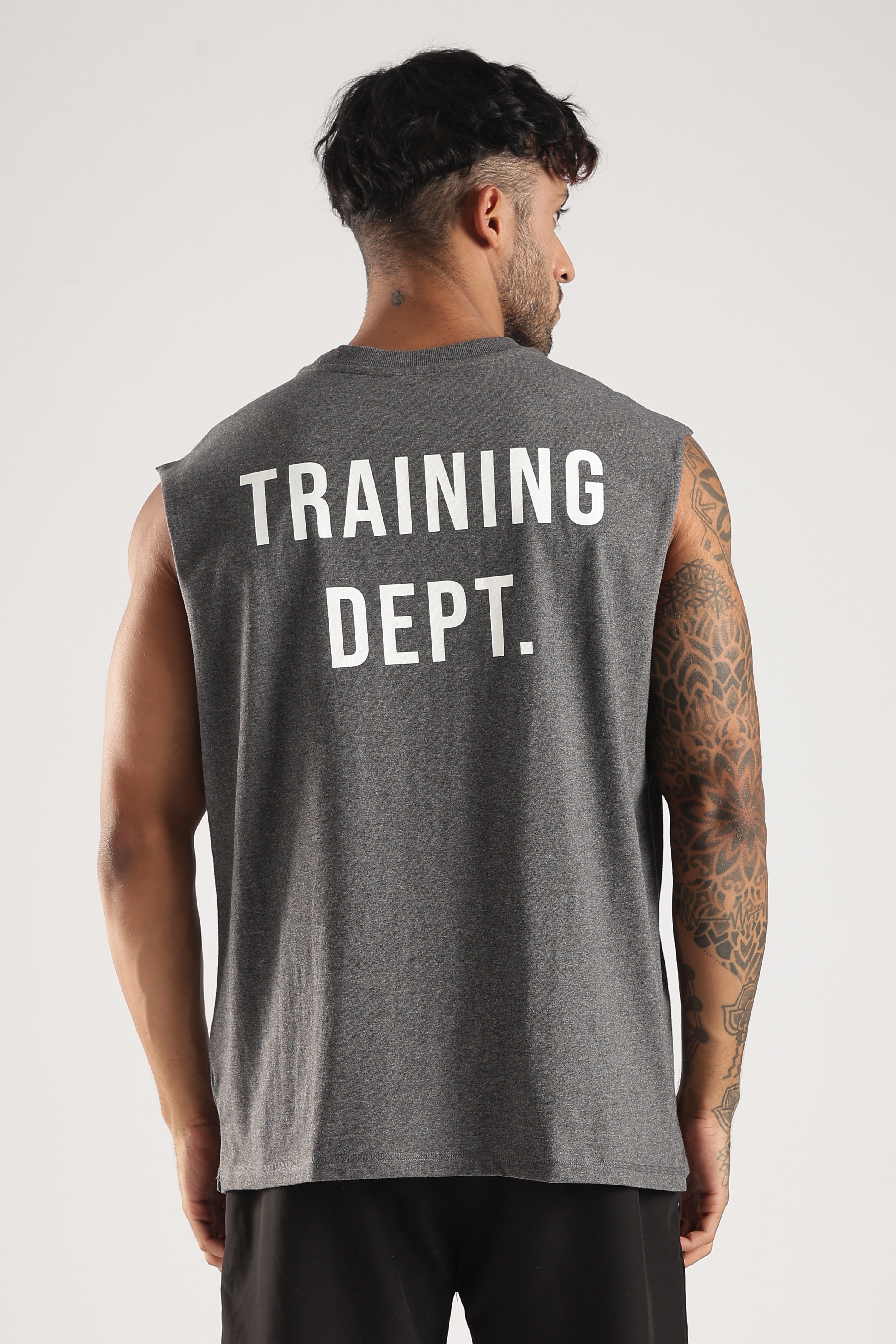 Close back view of the Grey Marl tank showing the Training Dept graphic