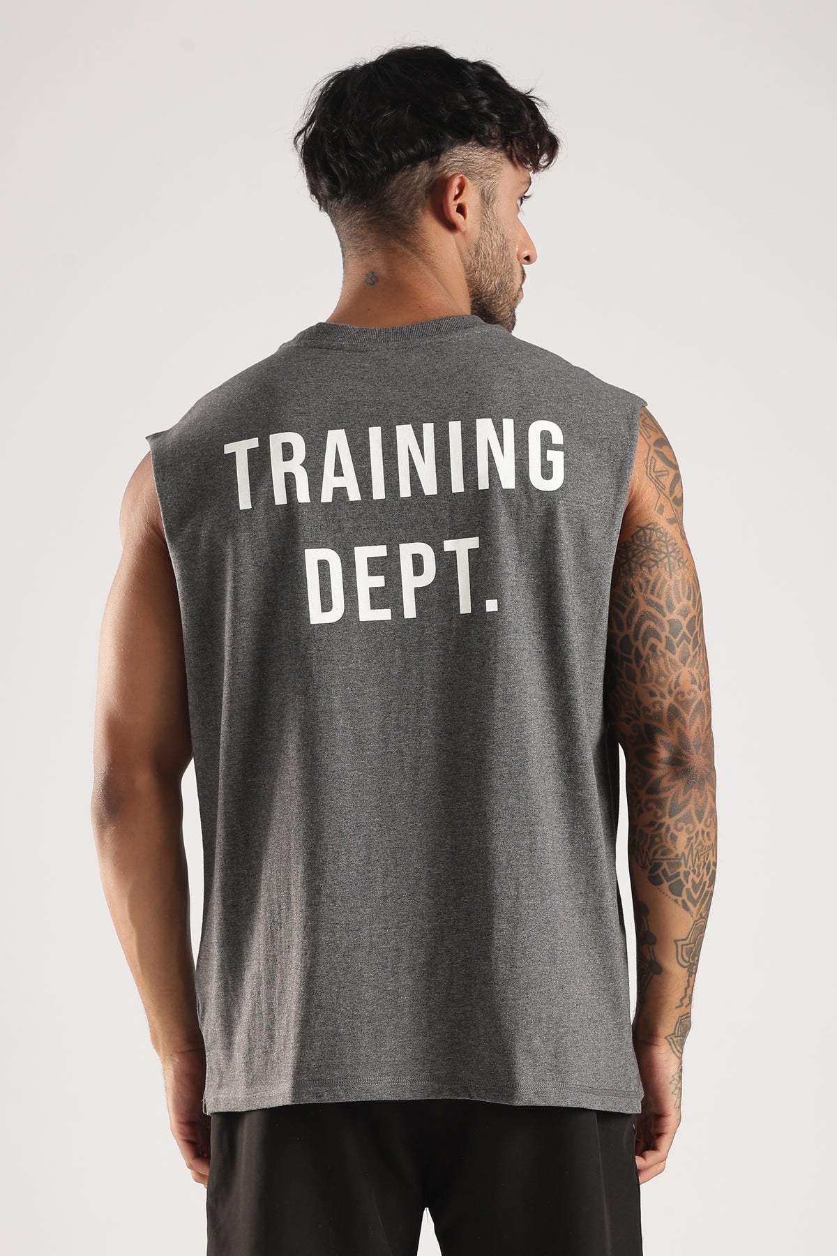 Close back view of the Grey Marl tank showing the Training Dept graphic