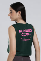Women's RUNNING CLUB mid-crop training tank in Forest Green, back view with graphic