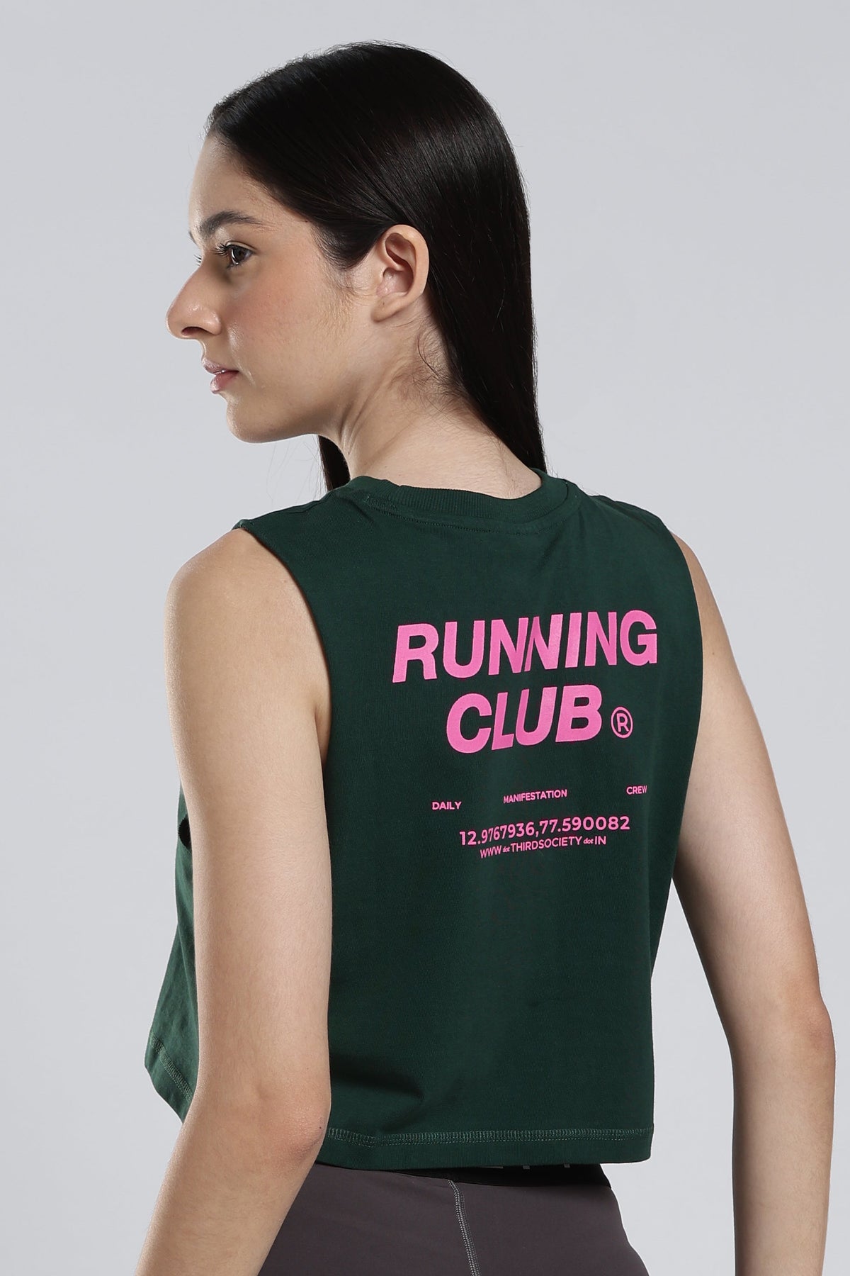 Women's RUNNING CLUB mid-crop training tank in Forest Green, back view with graphic